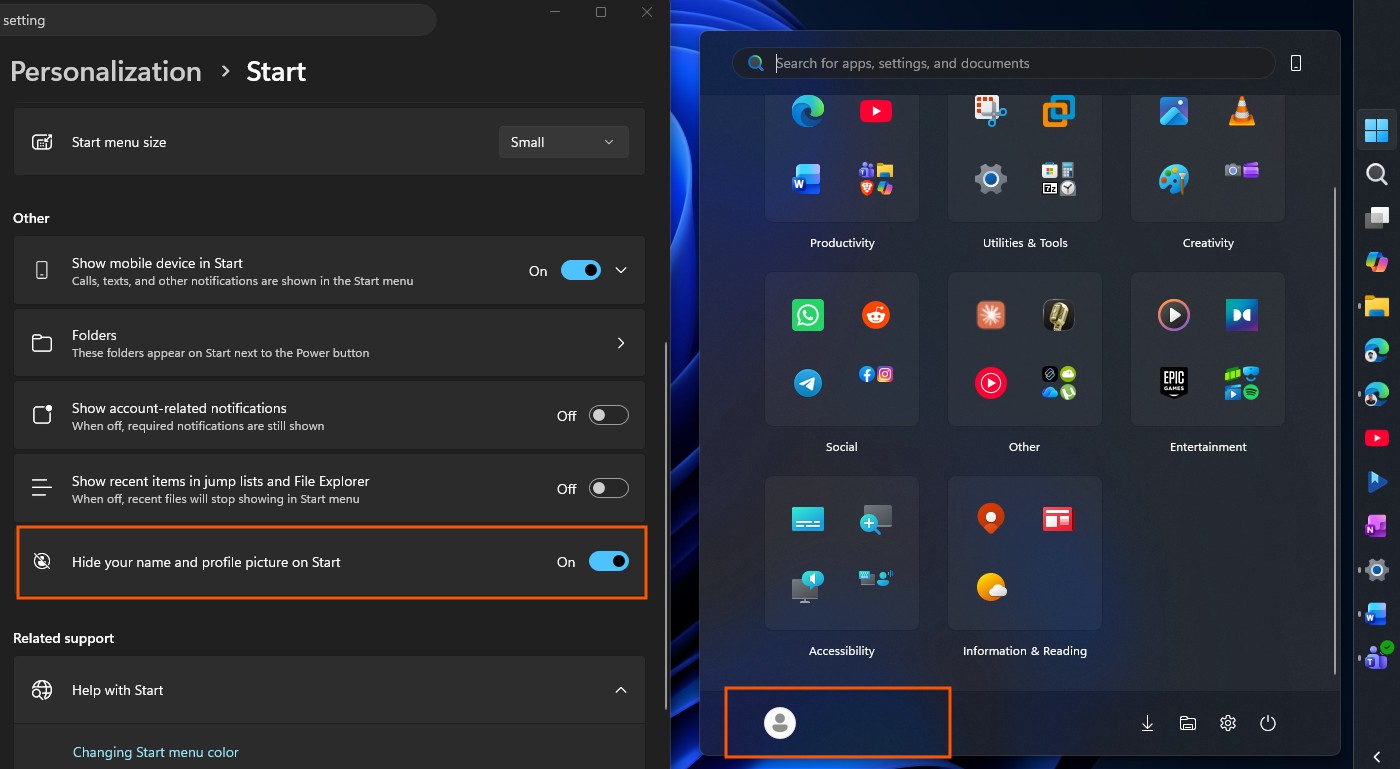 How to hide name and profile picture on Start menu
