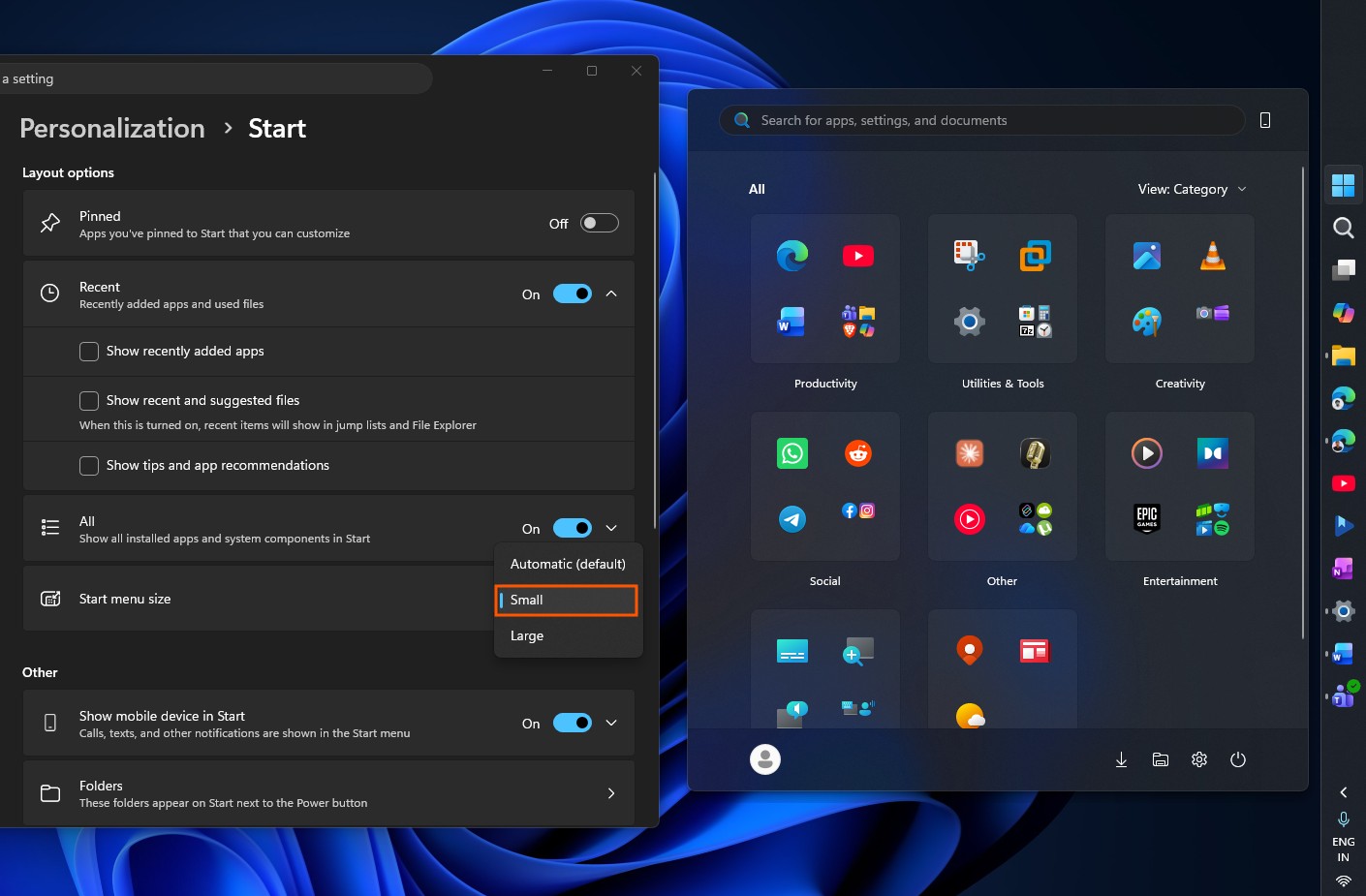 How to make Start menu smaller in Windows 11