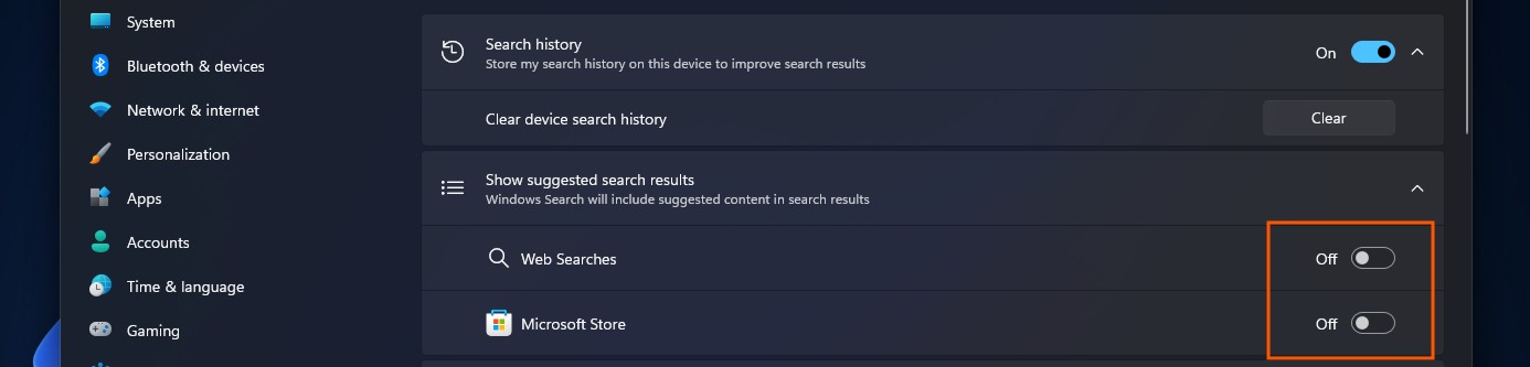 How to turn off Bing and Store results in Windows Search
