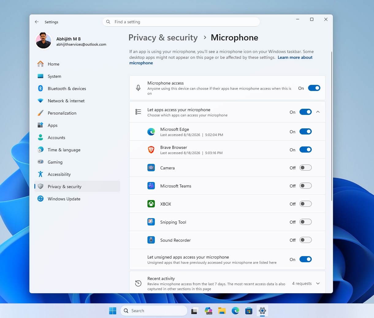 Individual toggles for desktop apps for accessing Microphone