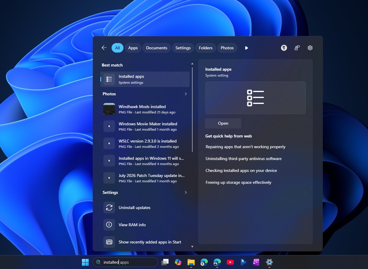 Installed apps system setting in Search