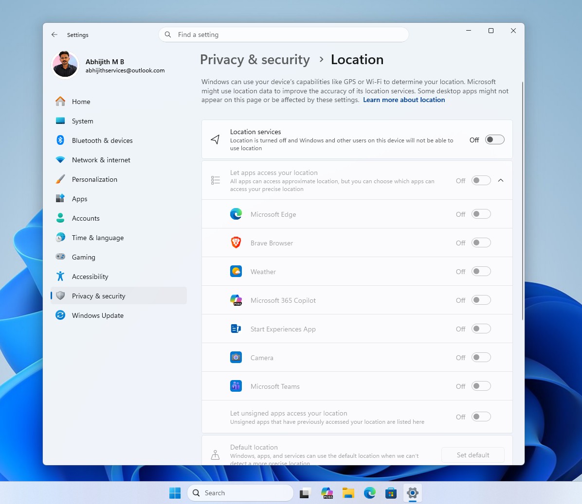 Location can also be individually turned on or off for desktop apps like Edge and Brave.