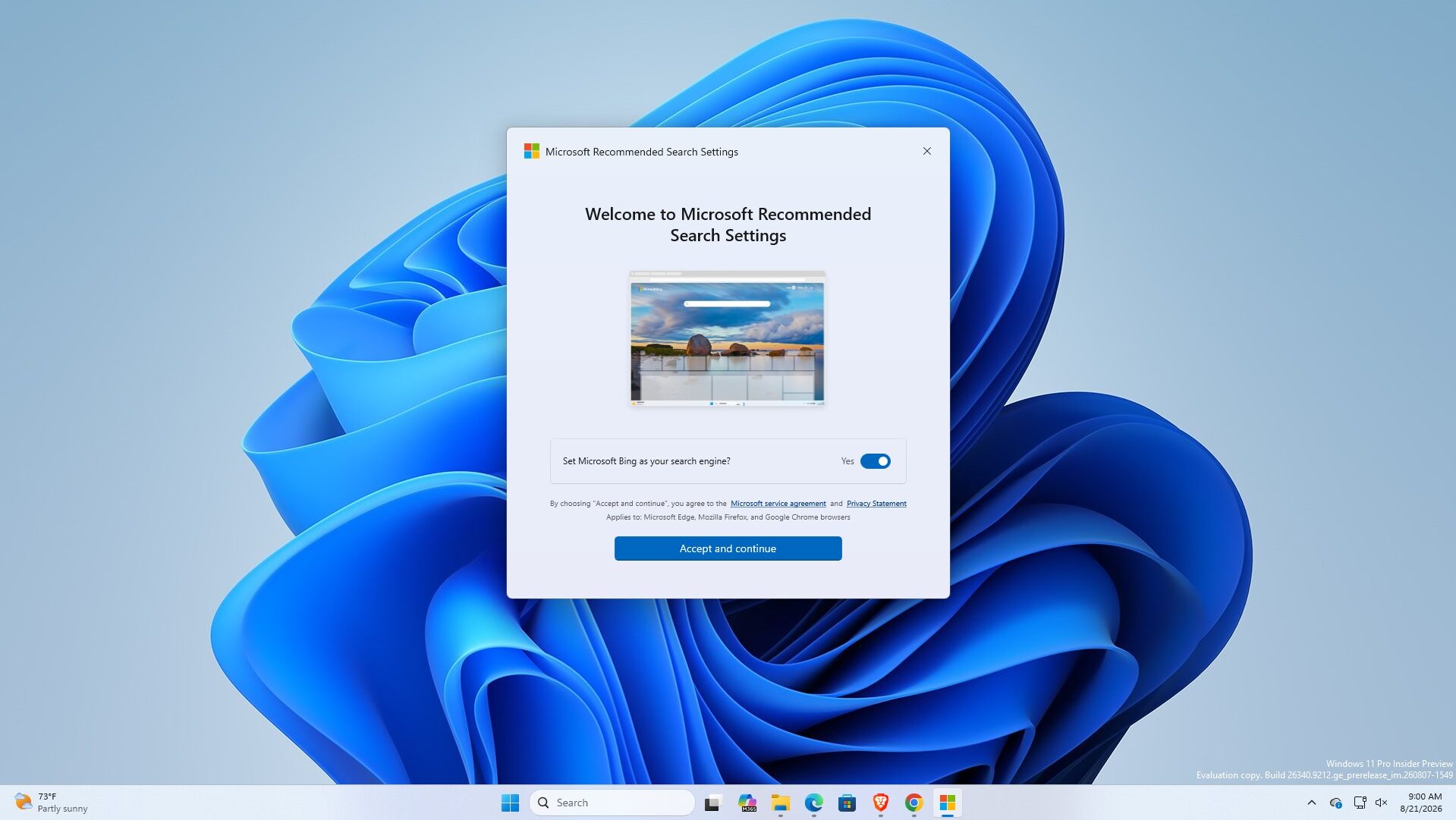 Microsoft Settings app asking to make Bing as search engine