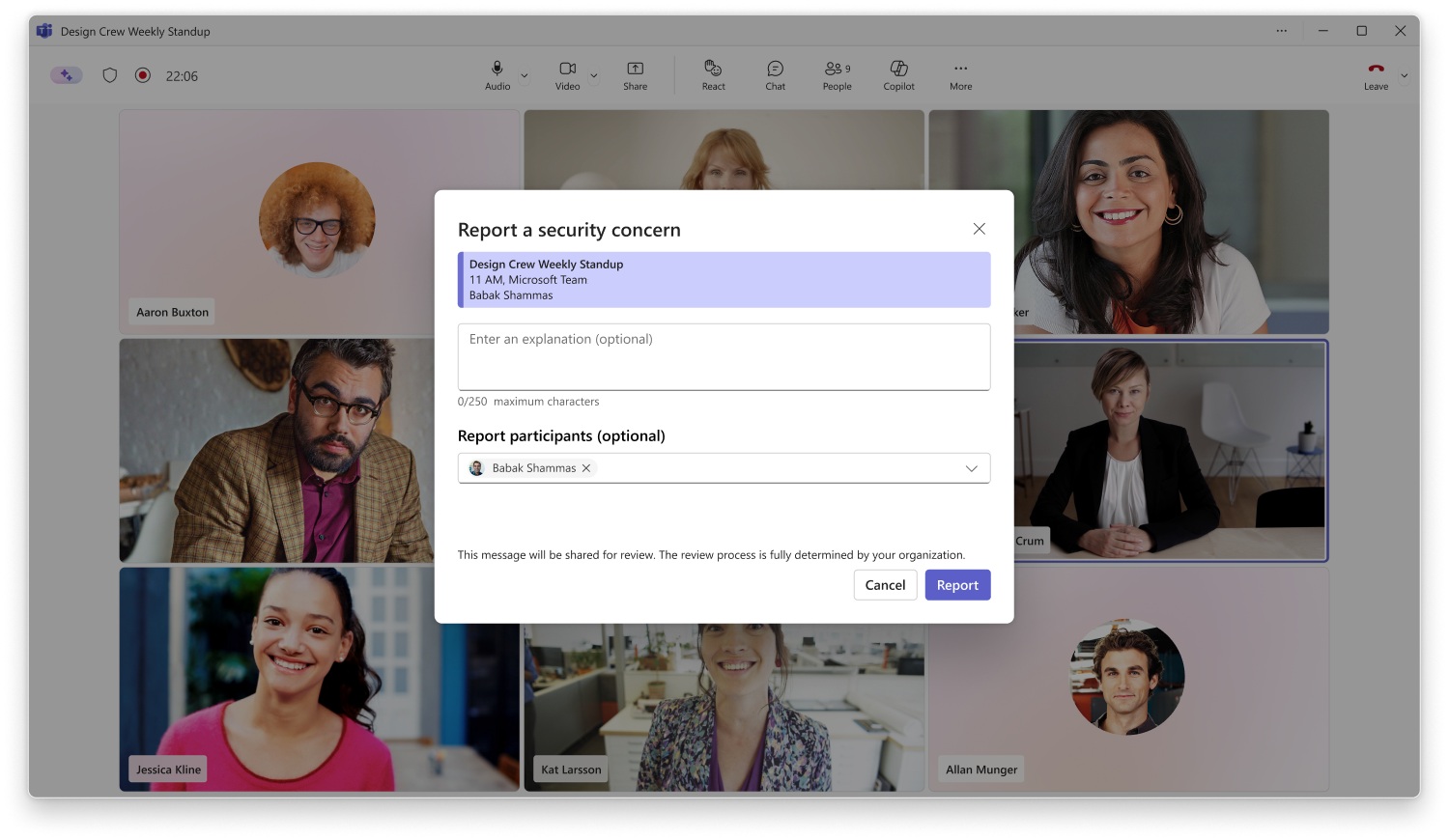 Microsoft Teams report a meeting feature