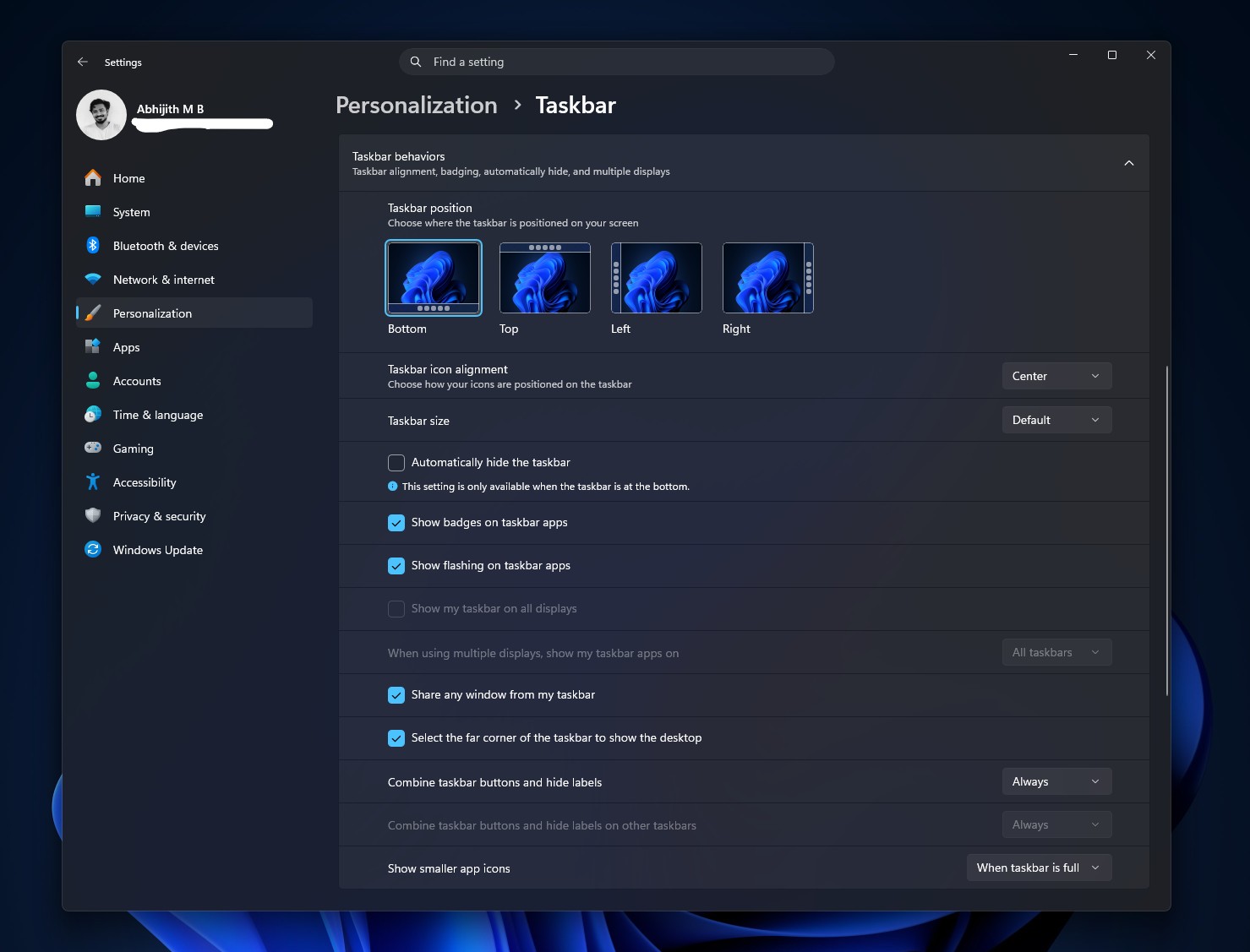 New Taskbar Personalization settings page