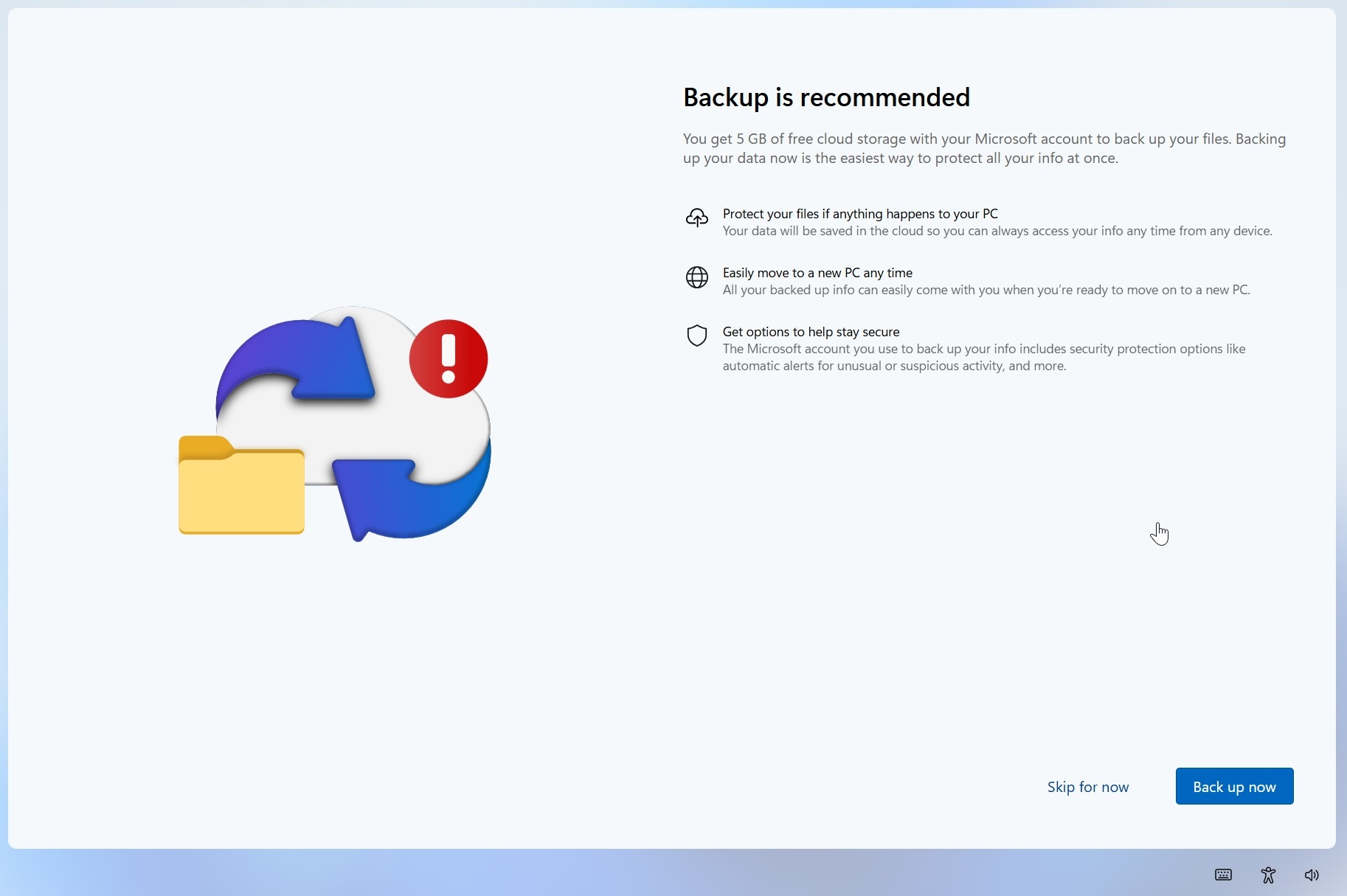OneDrive Backup is recommended screen