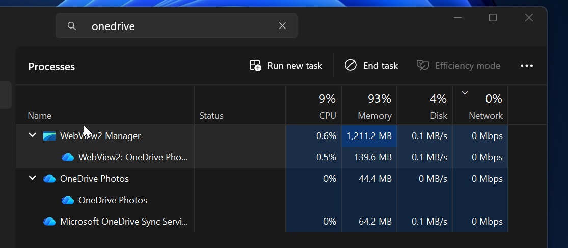 OneDrive Photos app RAM usage