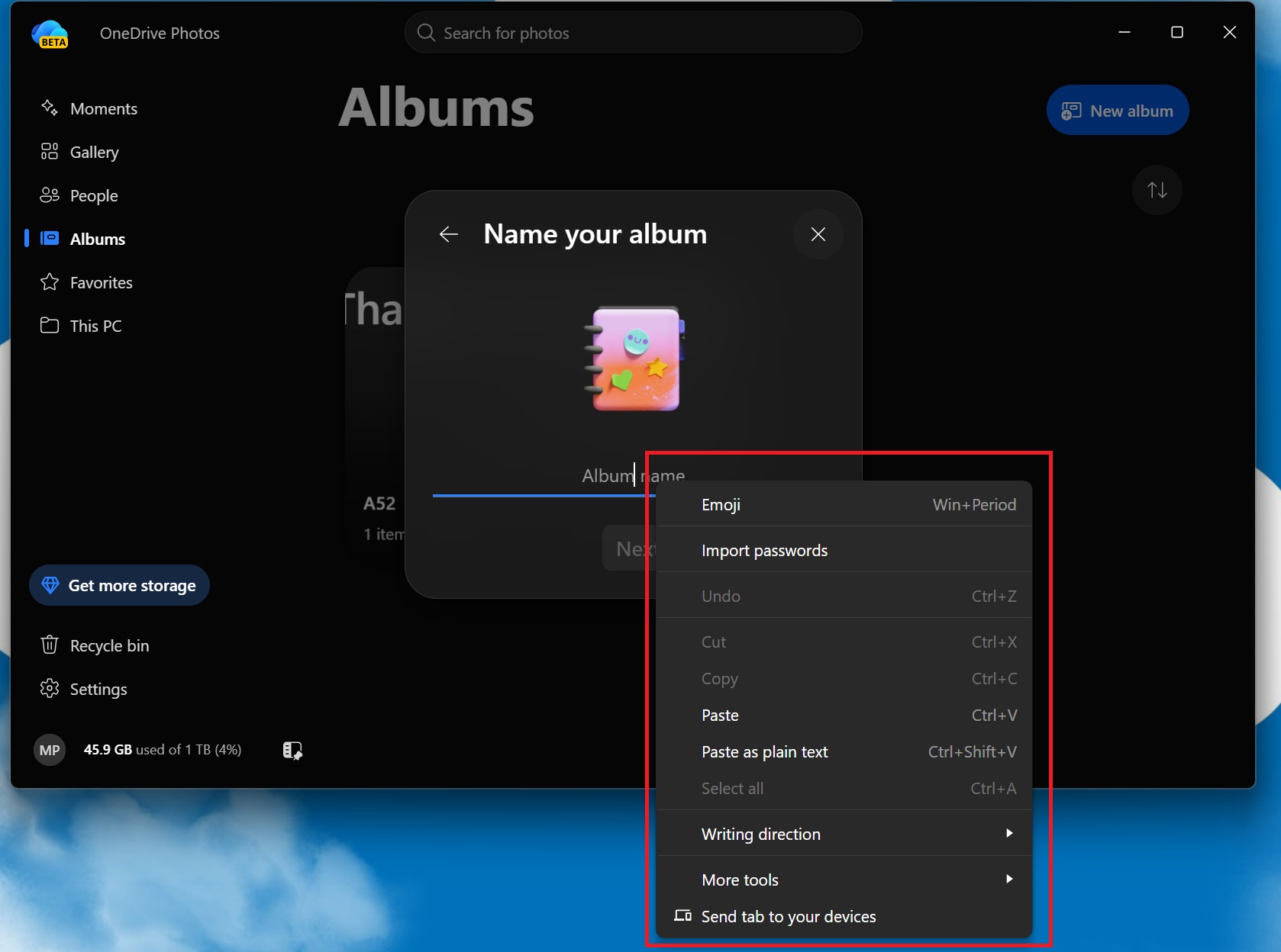 OneDrive Photos app has Edge right-click menu