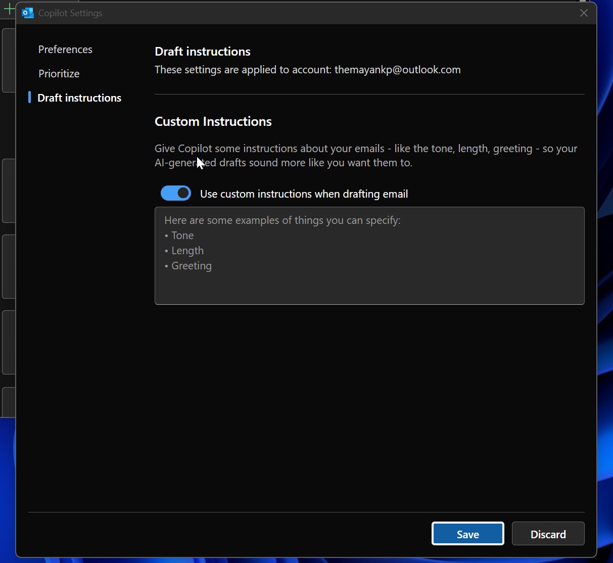 Outlook Classic Copilot Draft Settings