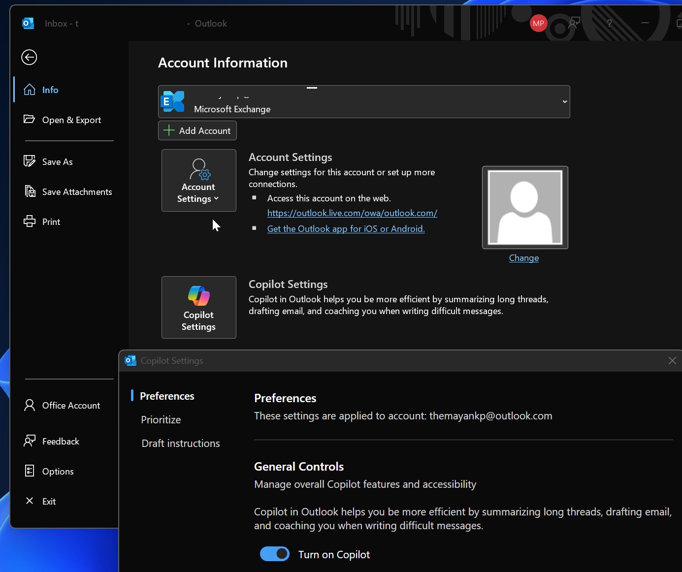 Outlook Classic with Copilot Settings