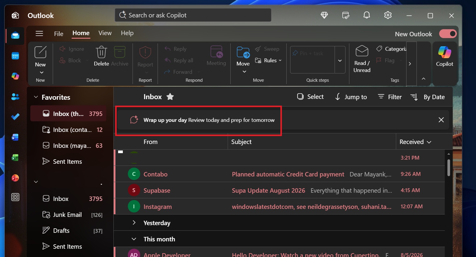 Outlook Wrap up your day feature