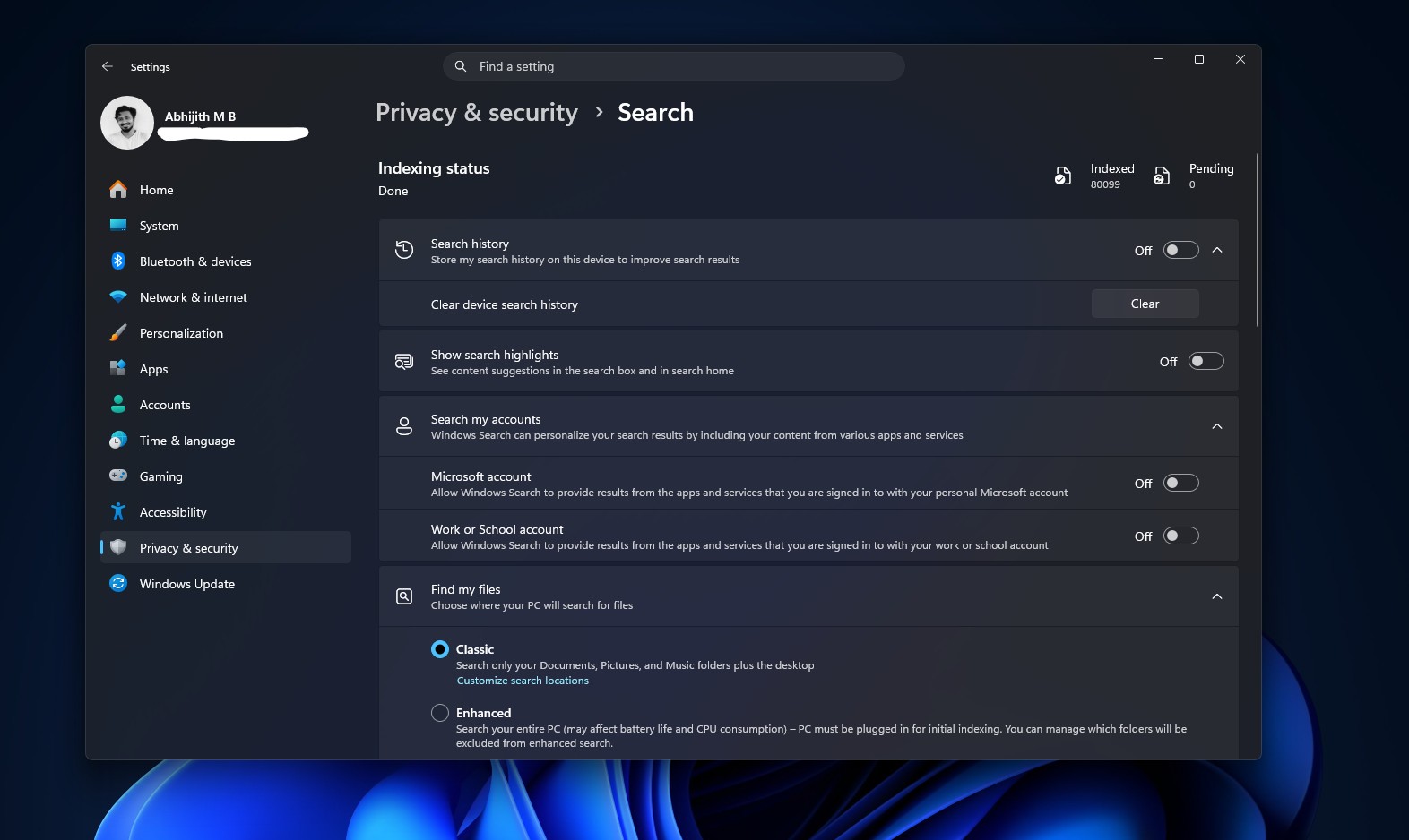 Privacy and Security settings page for Search before the update