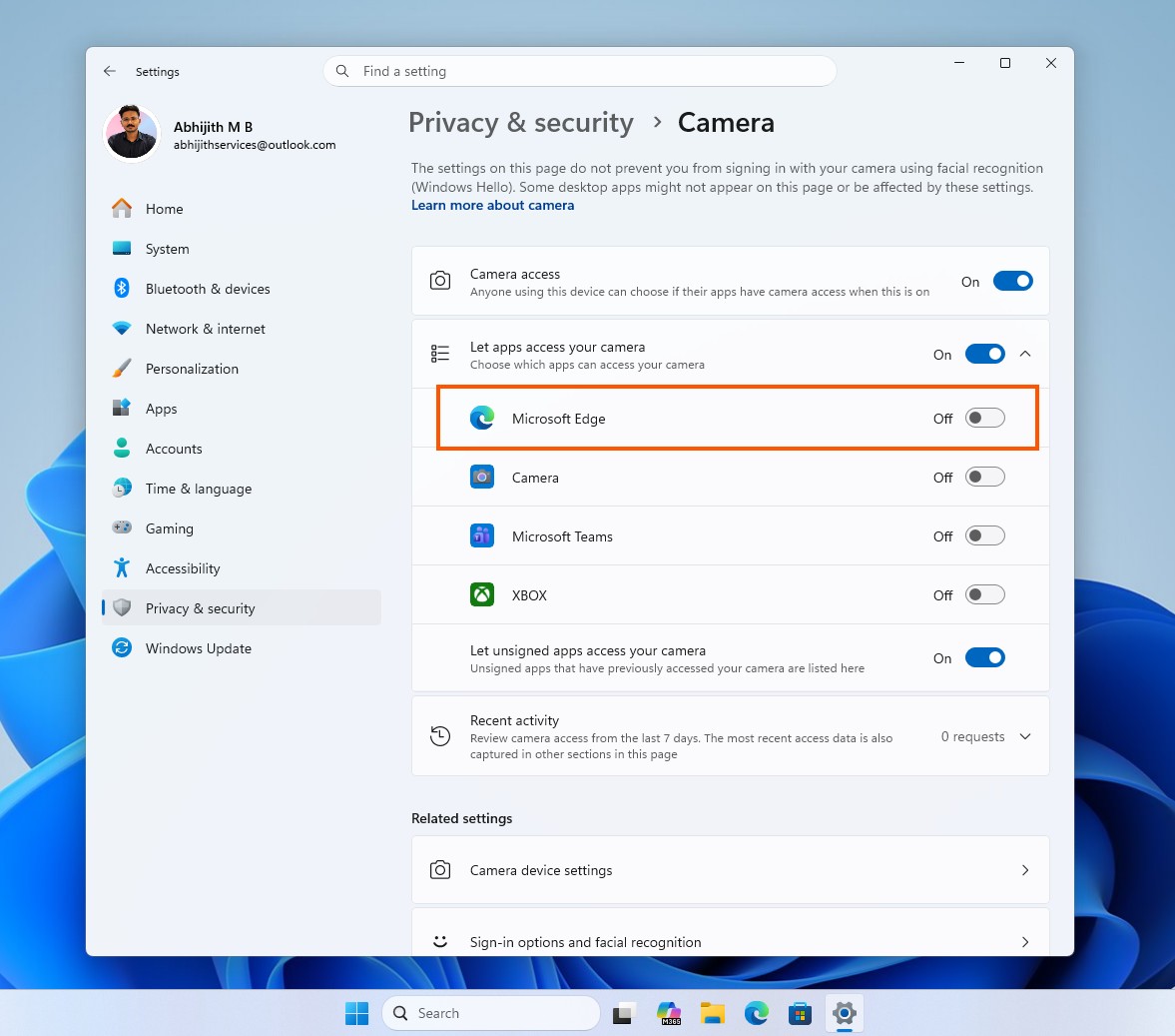 Privacy toggle for camera now supports desktop apps too
