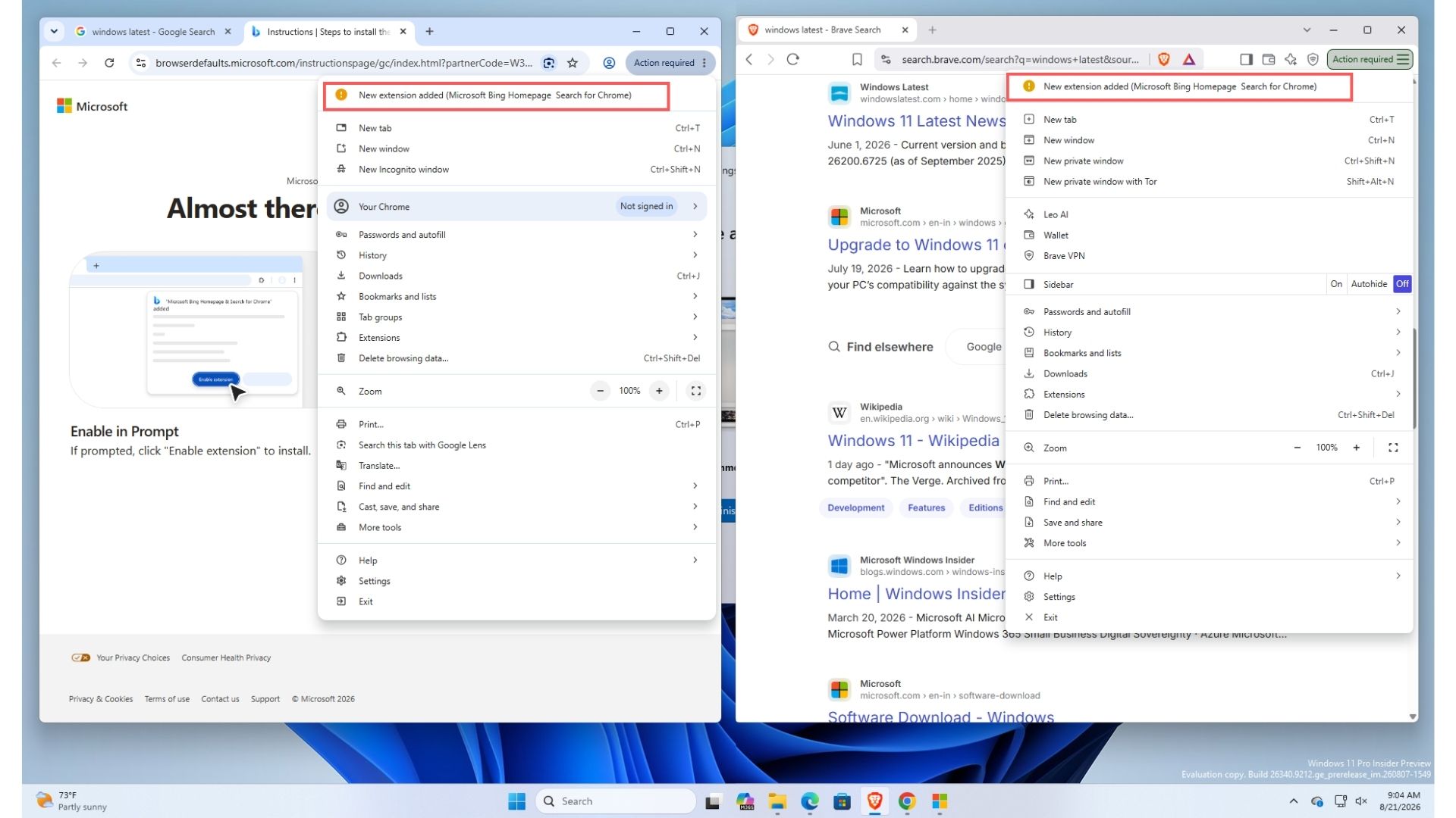 Prompt to install extensions that makes Microsoft Bing Homepage Search default in Chrome and Brave