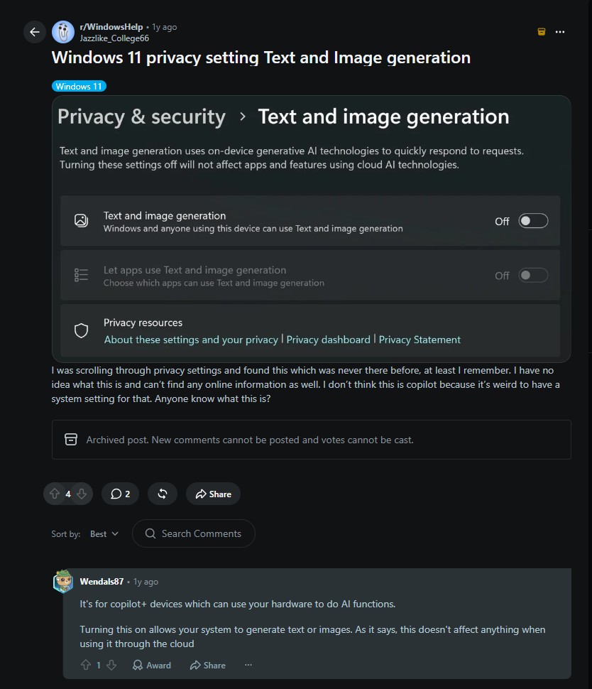 Reddit post from one year ago mentioning Text and Image generation