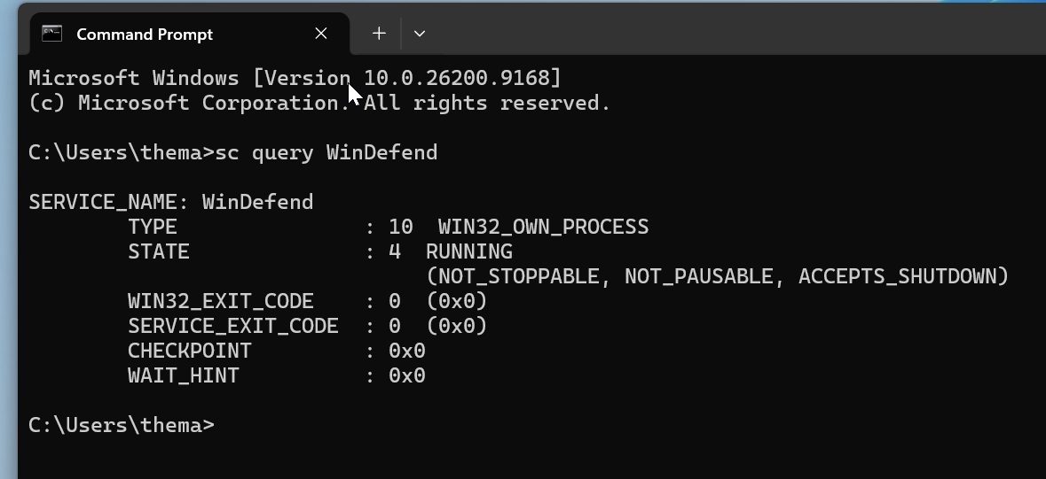 Run sc query WinDefend in Windows Command Prompt