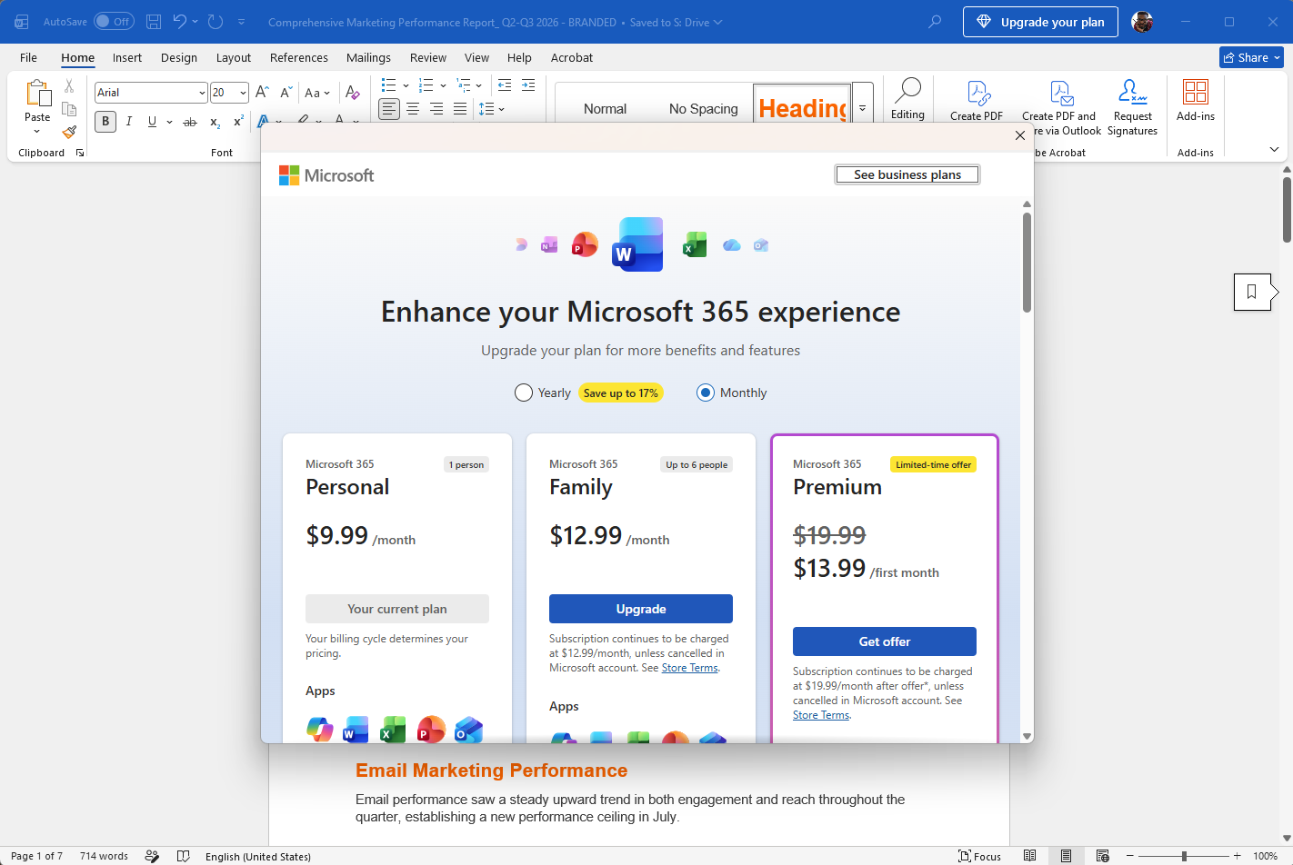 Microsoft 365 "Upgrade your plan" pop-up in Office apps