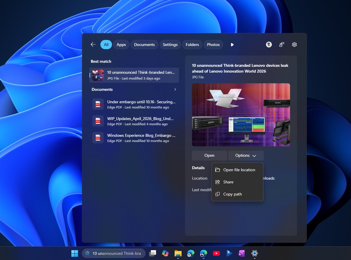 Search preview in Windows 11