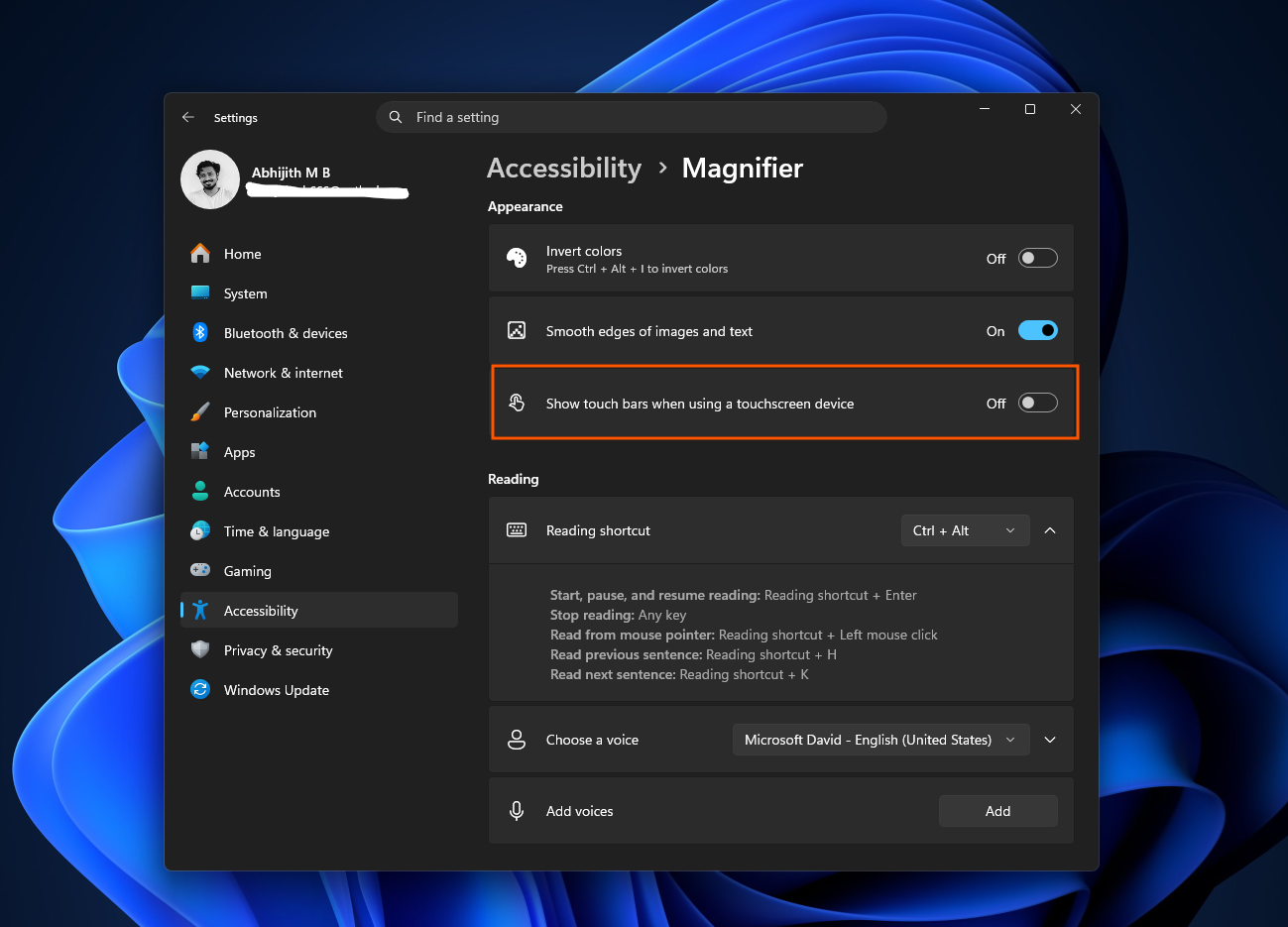 Show touchbars when using a touchscreen device for Magnifier