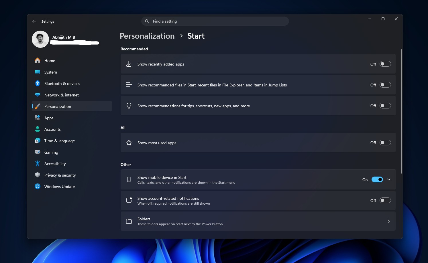 Start menu Personalization settings before update