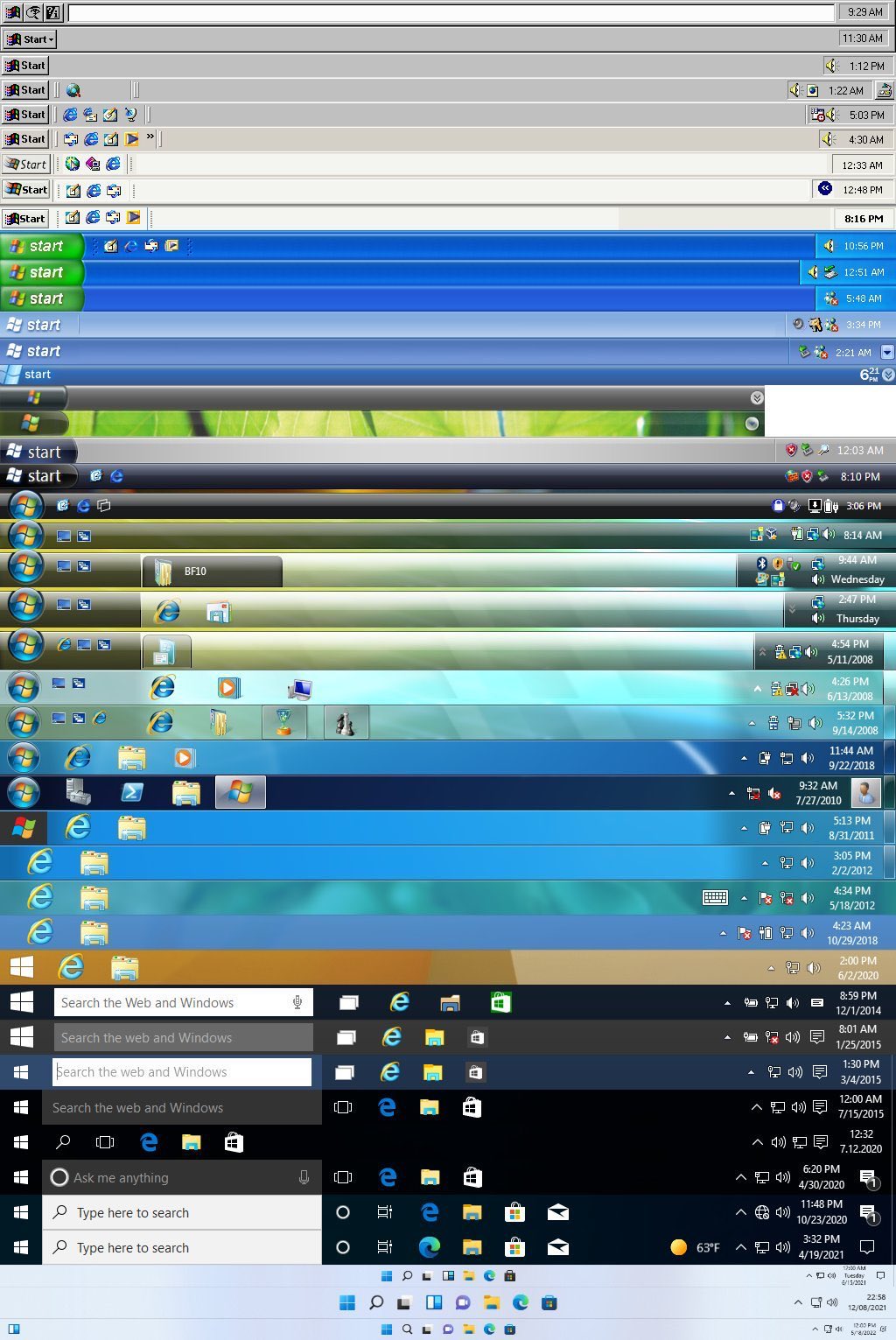 Start menu and taskbar through the years