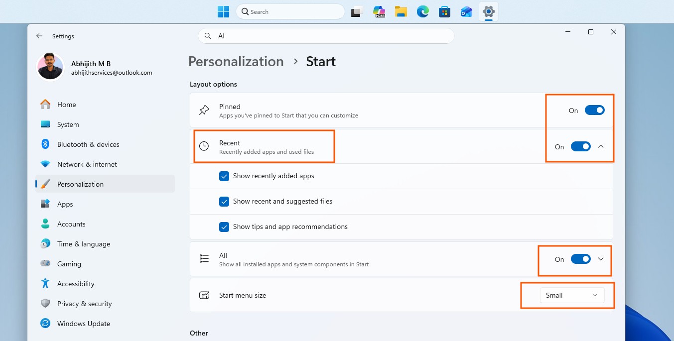 Start menu customization options in Windows 11
