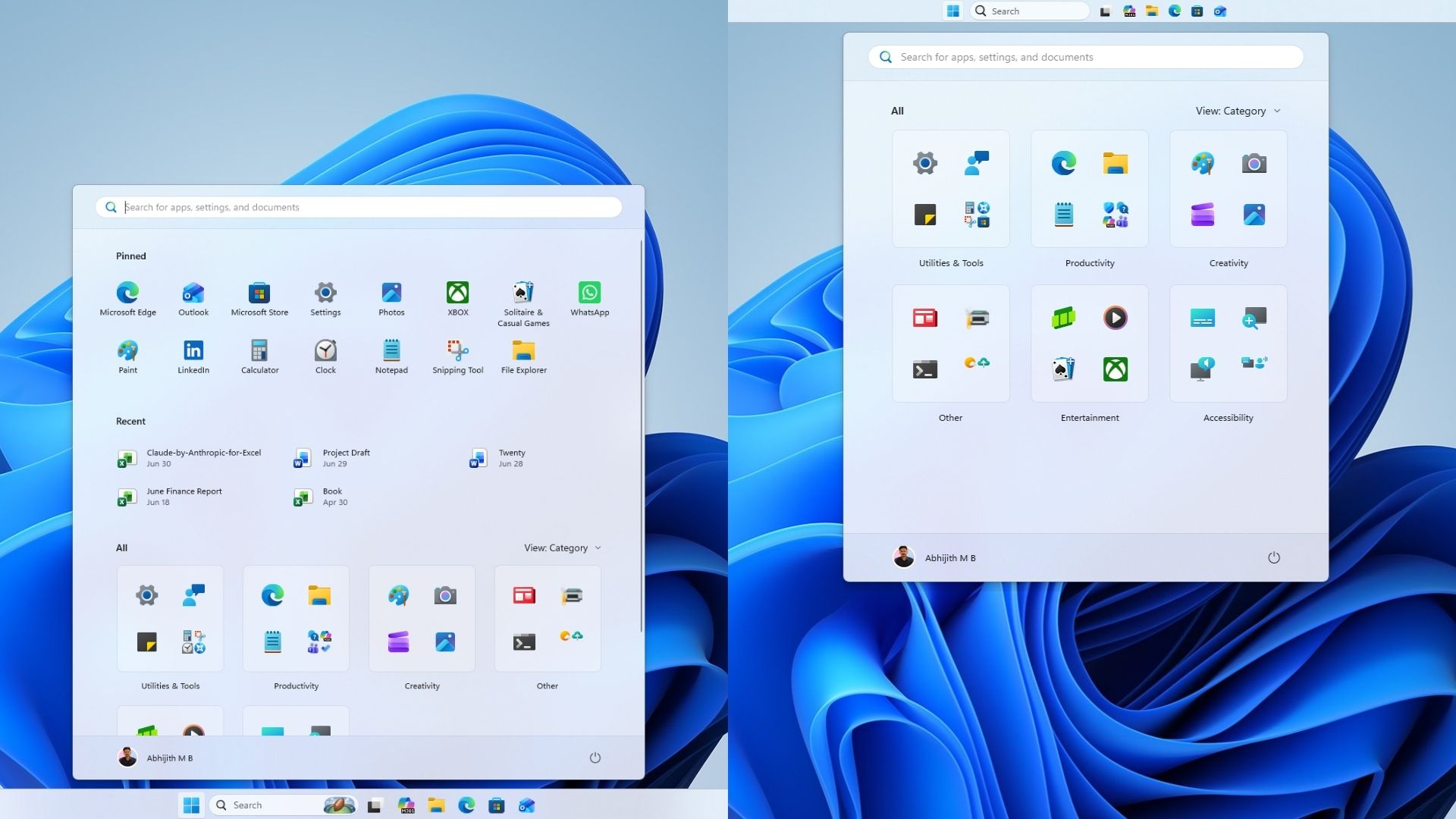 Start menu in top position smaller taskbar in Windows 11