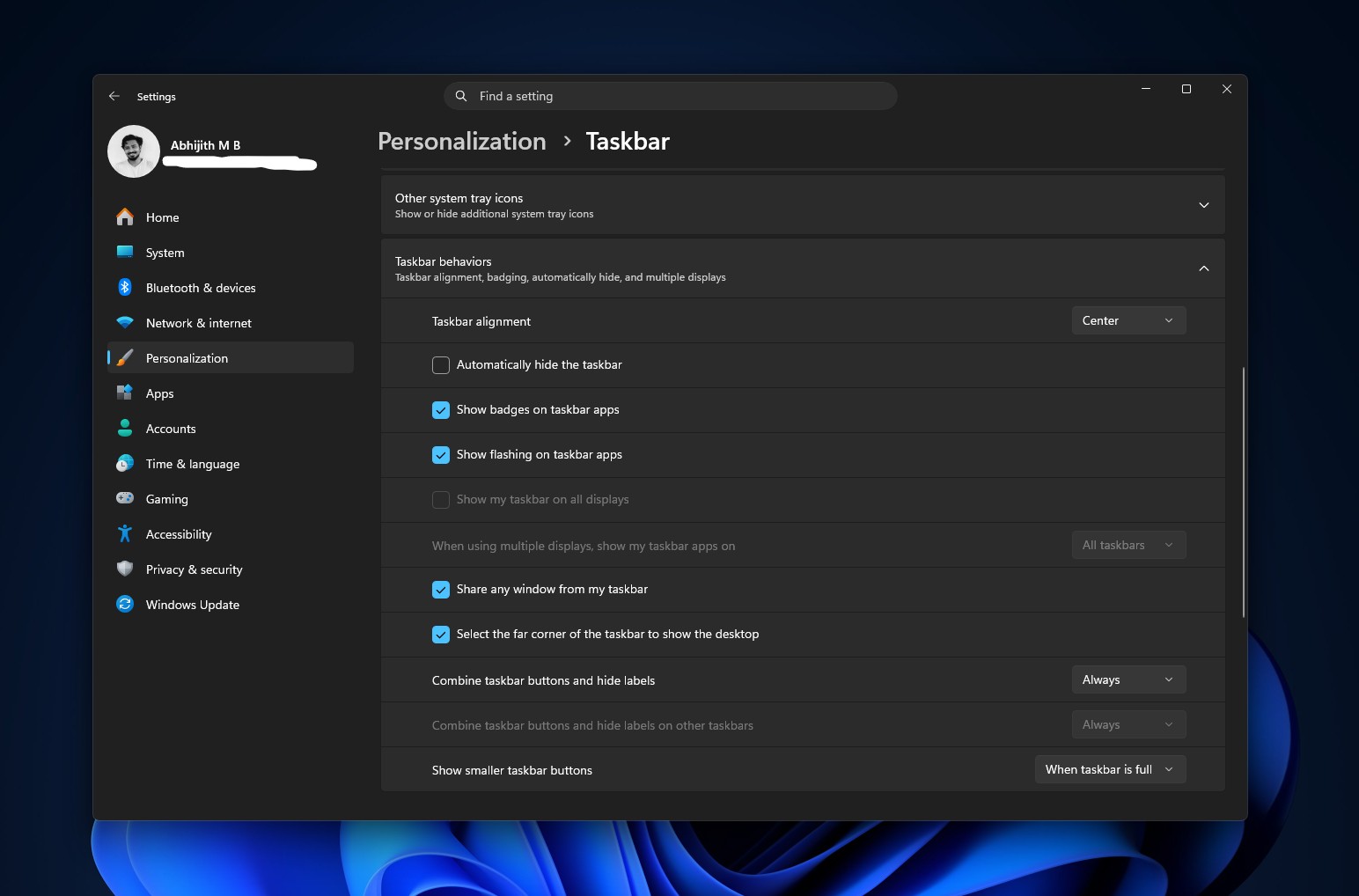 Taskbar personalization settings before update
