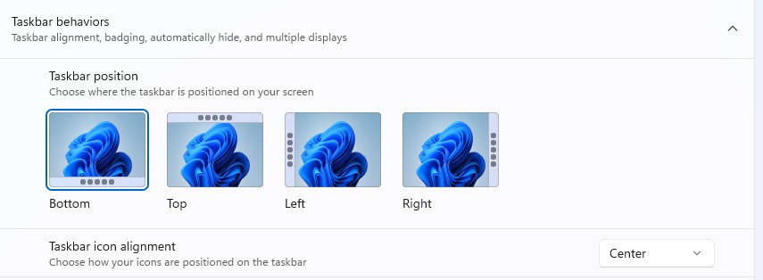 Taskbar position adjustment in Windows 11