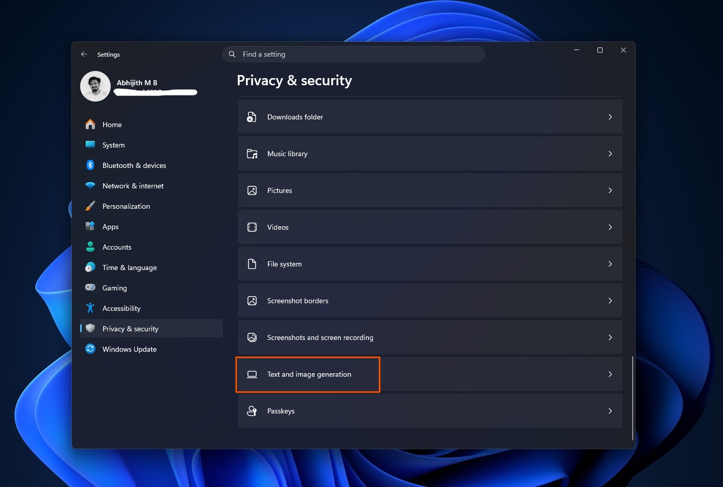 Text and Image generation setting in Privacy