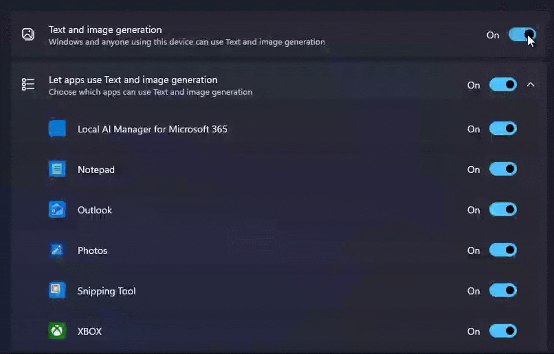 Turning off Text and Image generation in Windows 11 Privacy page