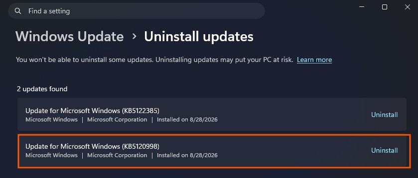 Uninstall August optional update