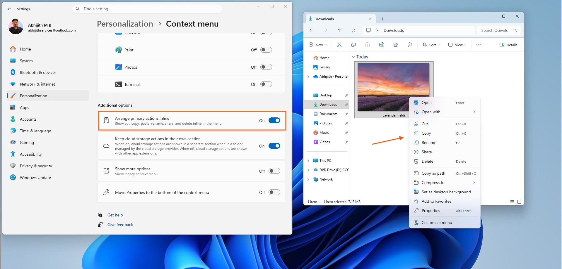 Vertically arranged Cut, Copy, Paste options in Context menu