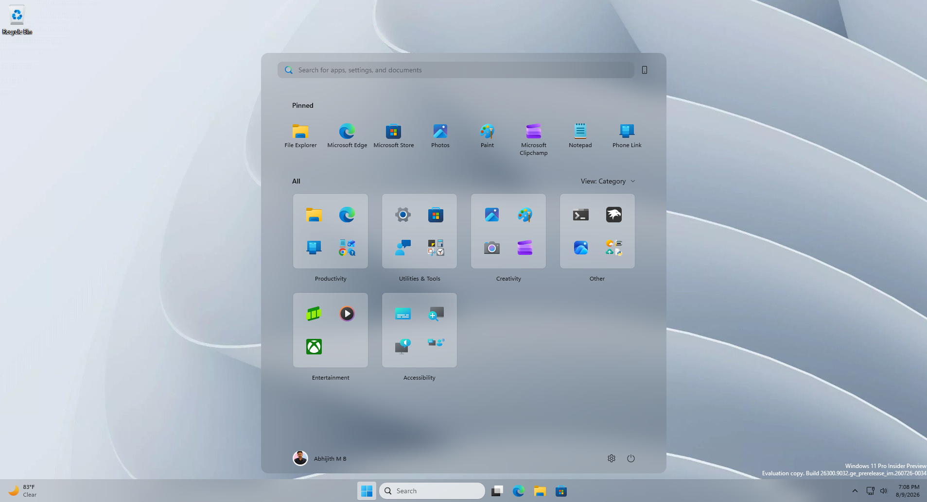 Windows 11 Start menu with Transparent design by Windhawk