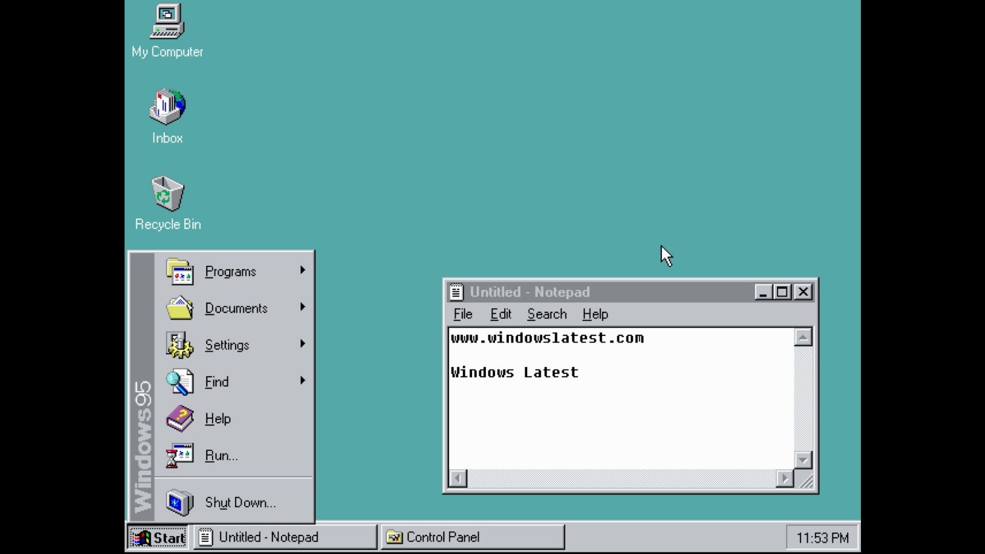 Windows 95 Taskbar with Notepad and Control Panel