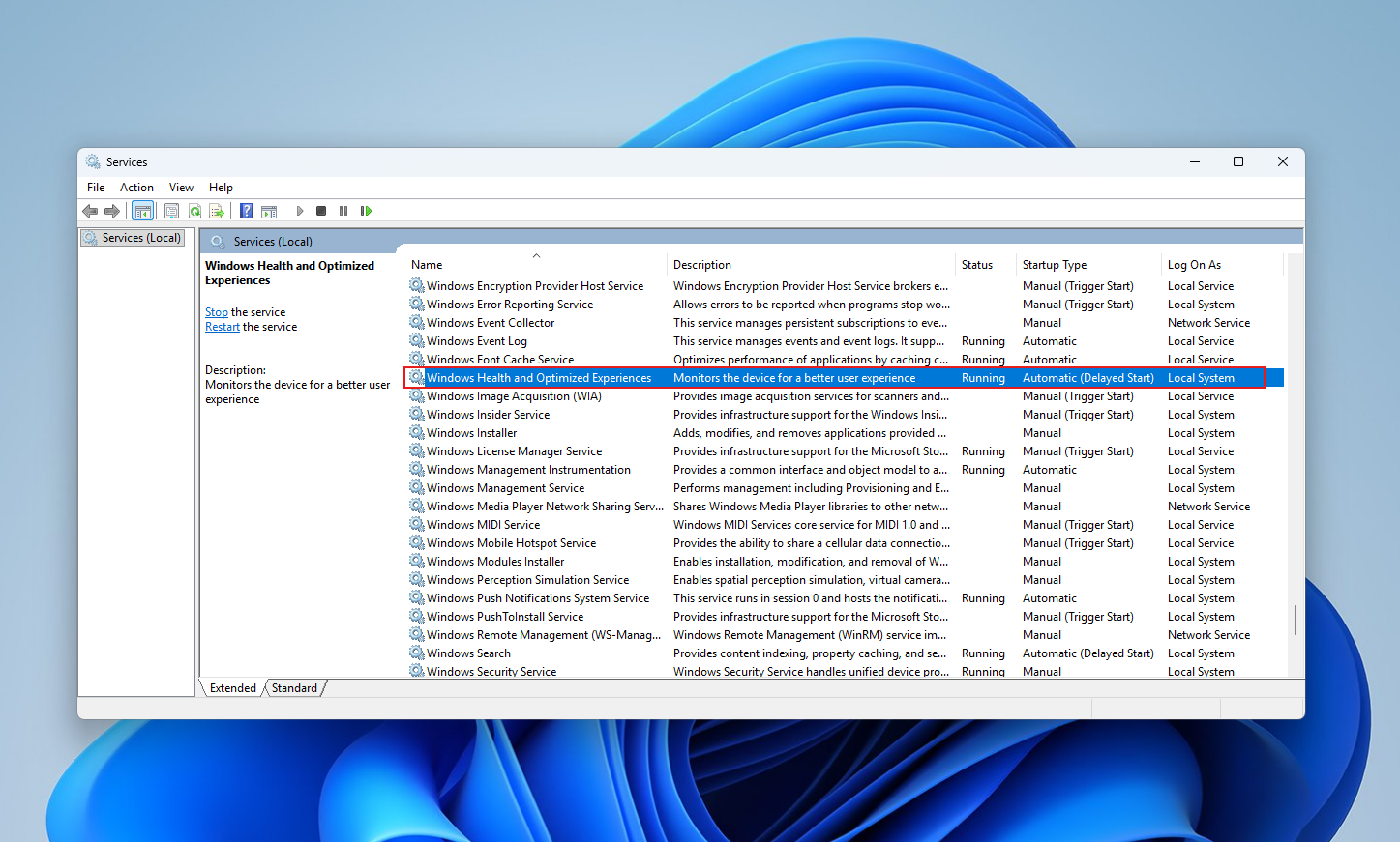 Windows Health and Optimized Experiences Running automatically in Services