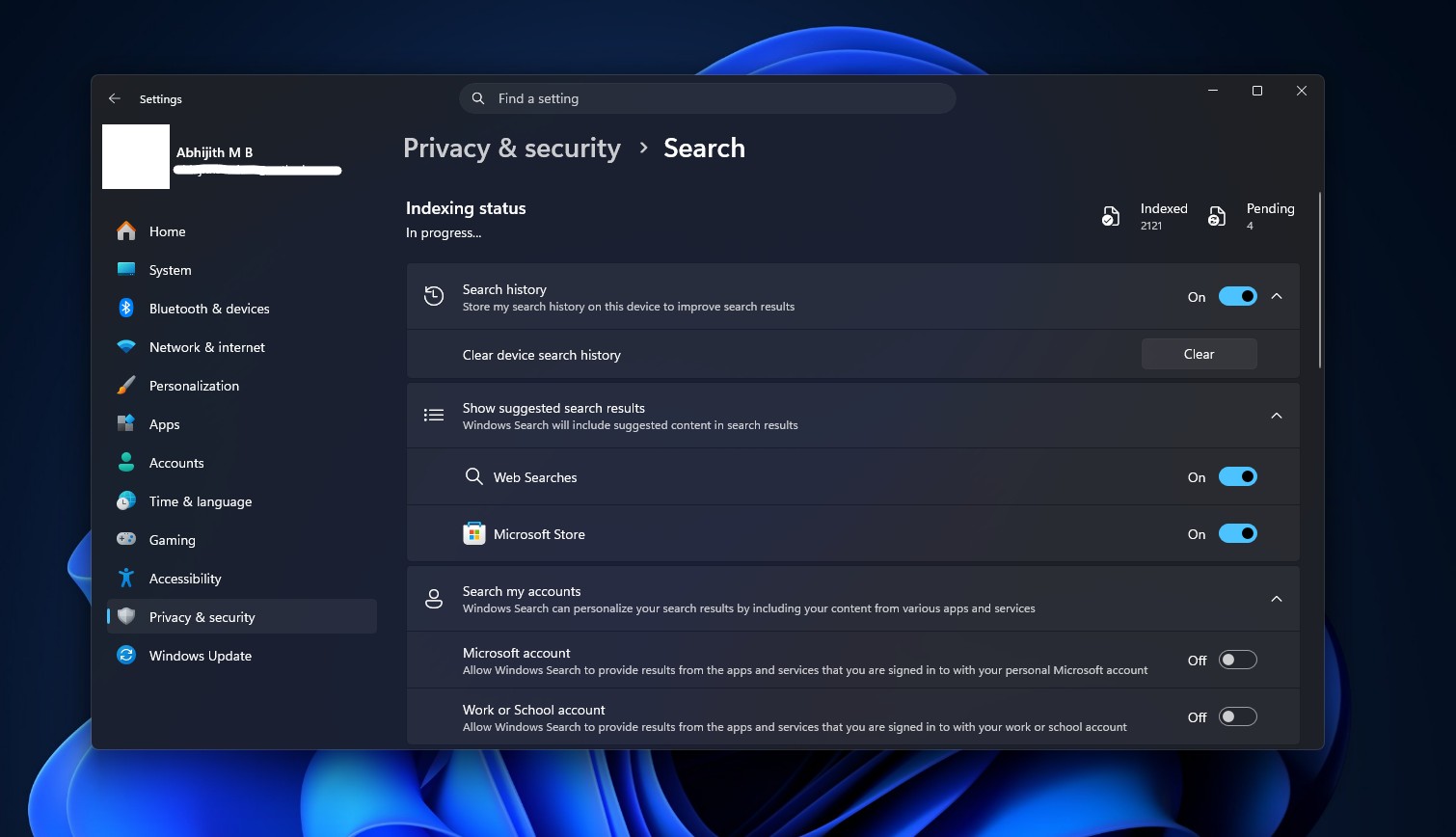 Windows Search Privacy & security page after the update