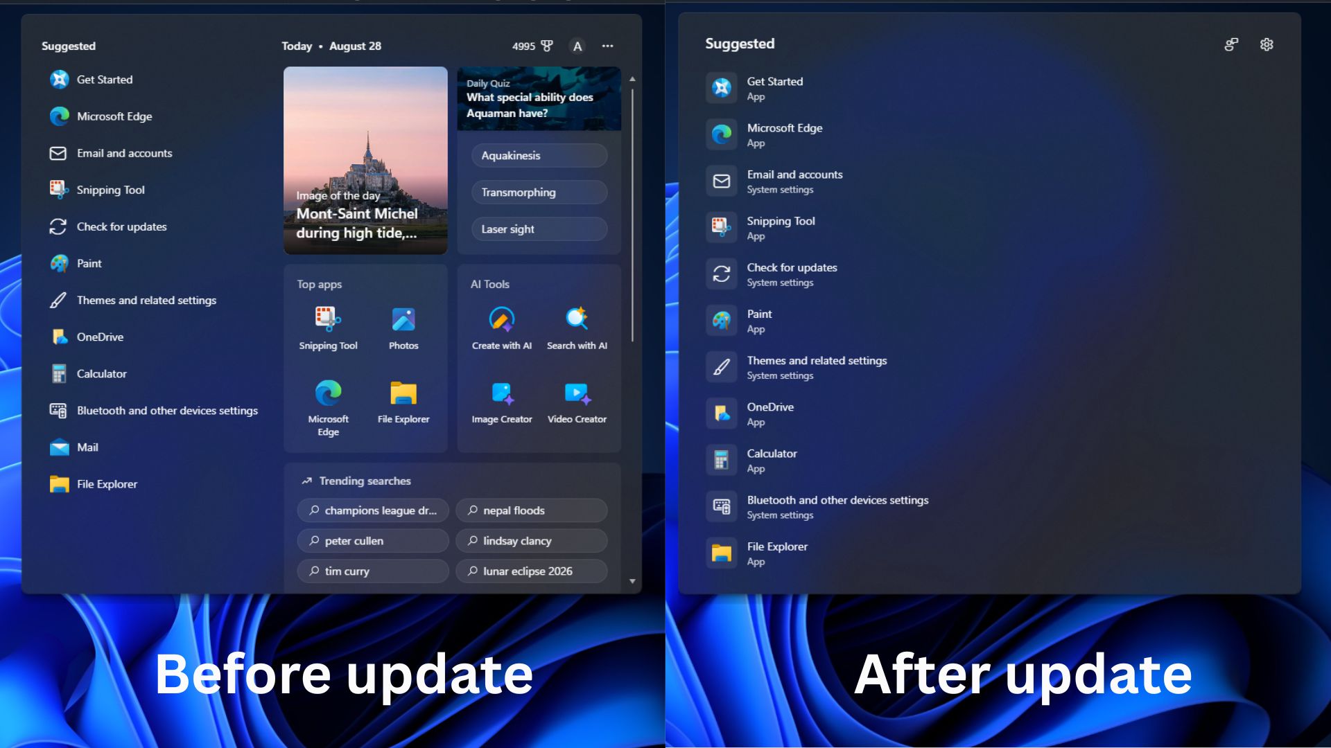 Windows Search before and after August Optional update