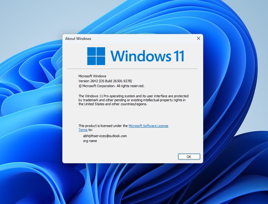 Windows Version 26H2 Build 26300.9278