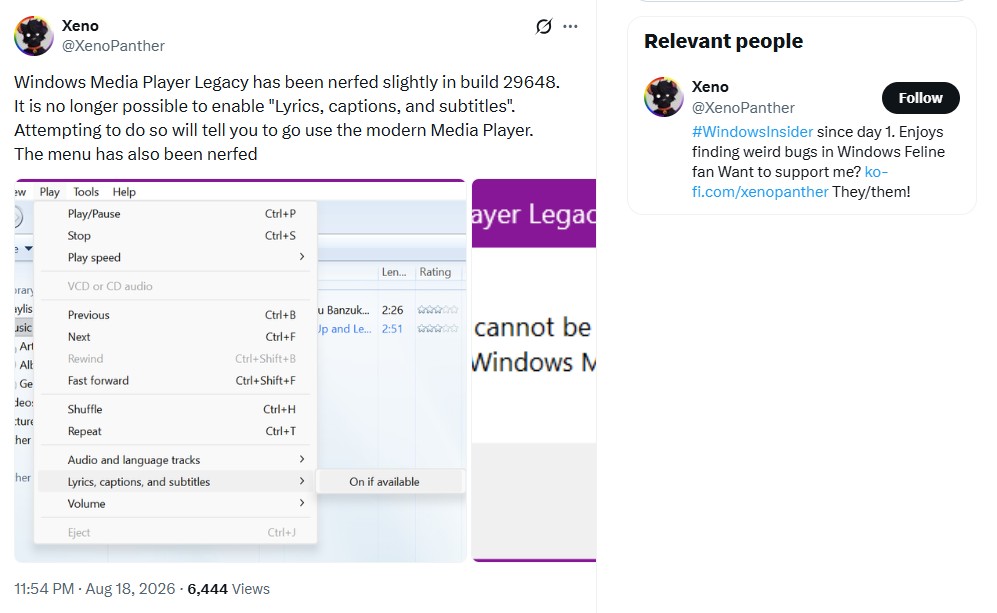 Xeno's X post about Windows Media Player Legacy losing support to enable Lyrics, captions and subtitles