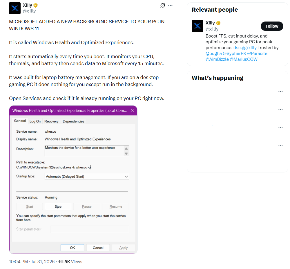 Xilly account's post about Microsoft's new background service