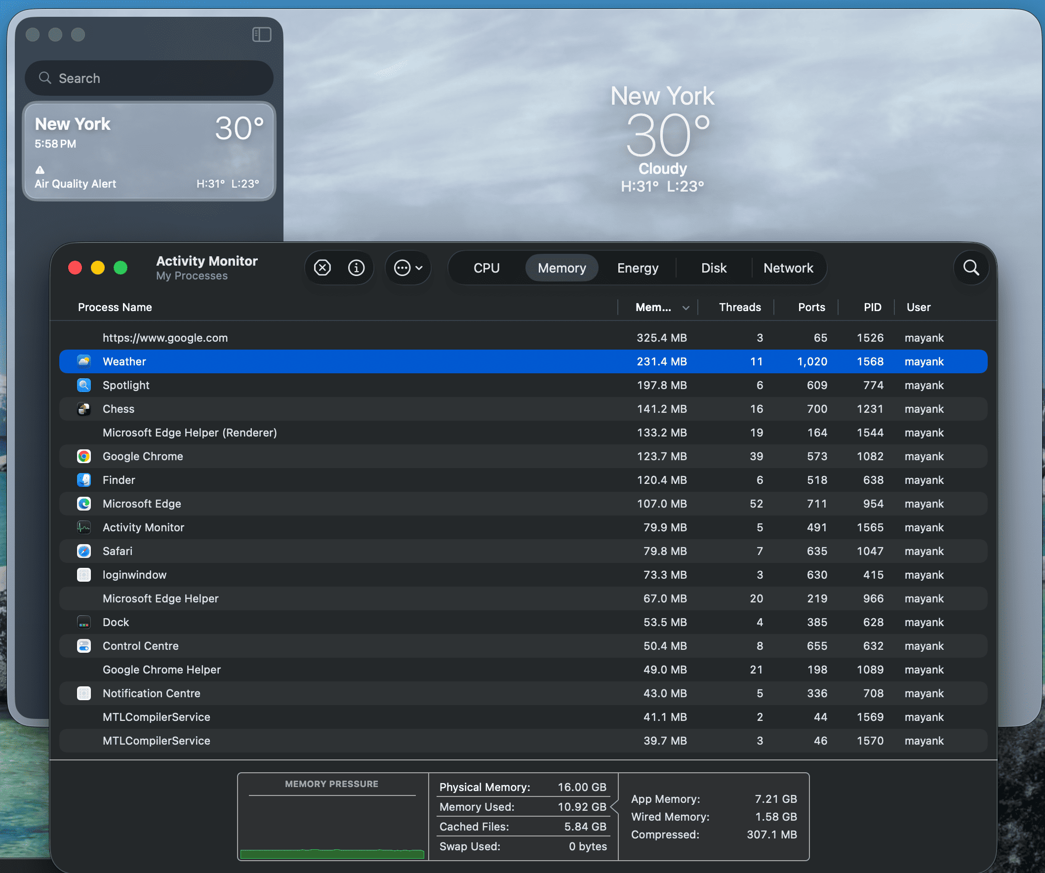 macOS weather app uses lesser RAM