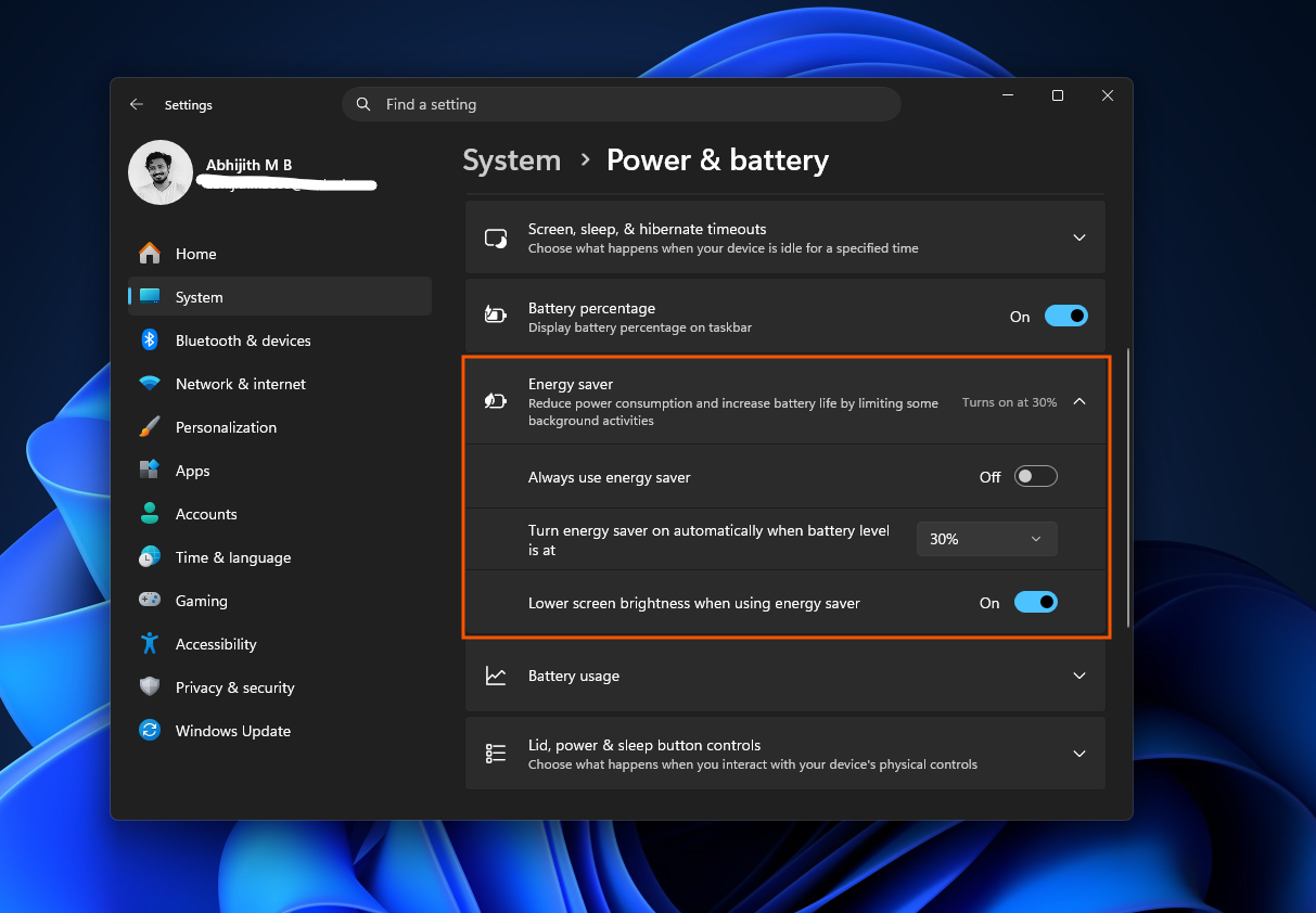 new Energy Saver thresholds in Windows 11