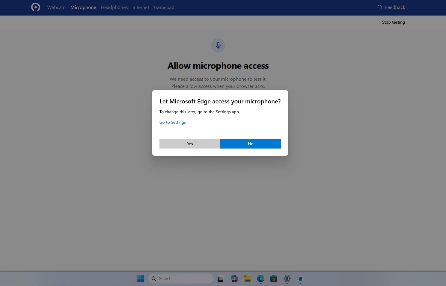 The new centered permission dialog asking for microphone access, for a desktop app.