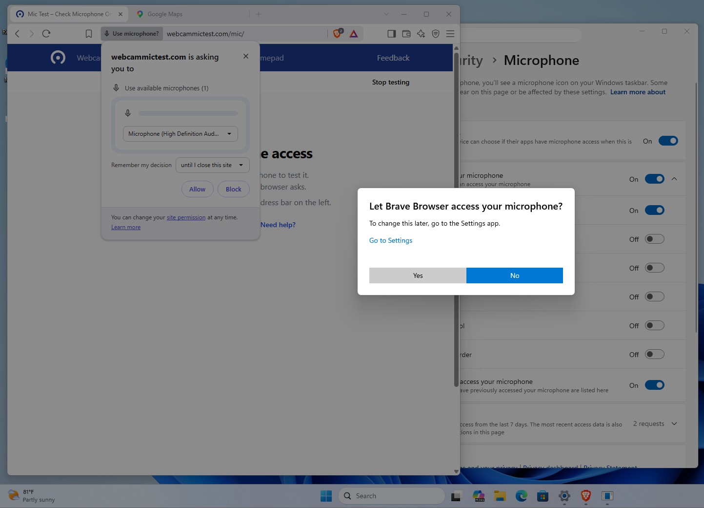 permission dialog asking access to Microphone for Brave desktop app