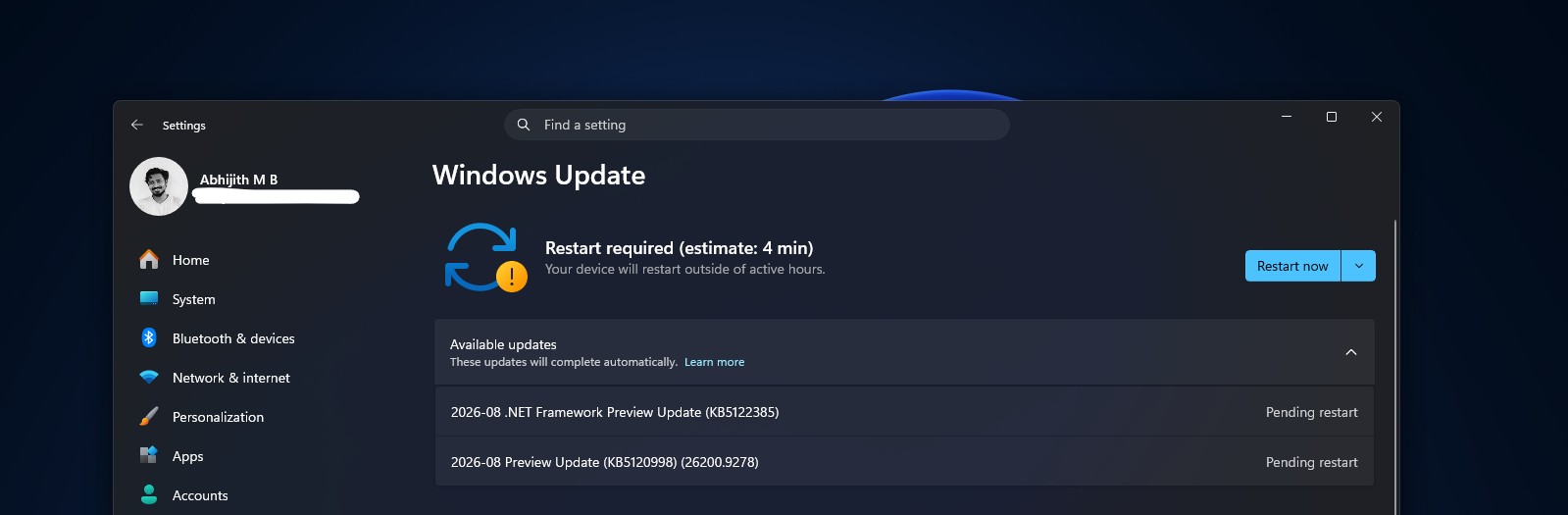 waiting to Restart Windows 11 August optional update