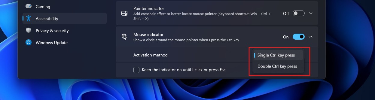 By default Mouse indicator activates with a Single Ctrl press but you can select Double Ctrl press