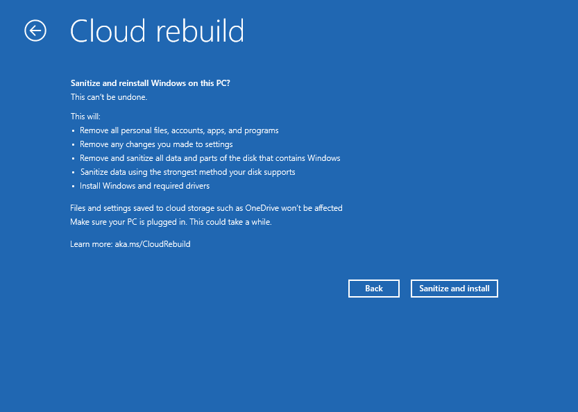 Cloud Rebuild Sanitization confirmation screen