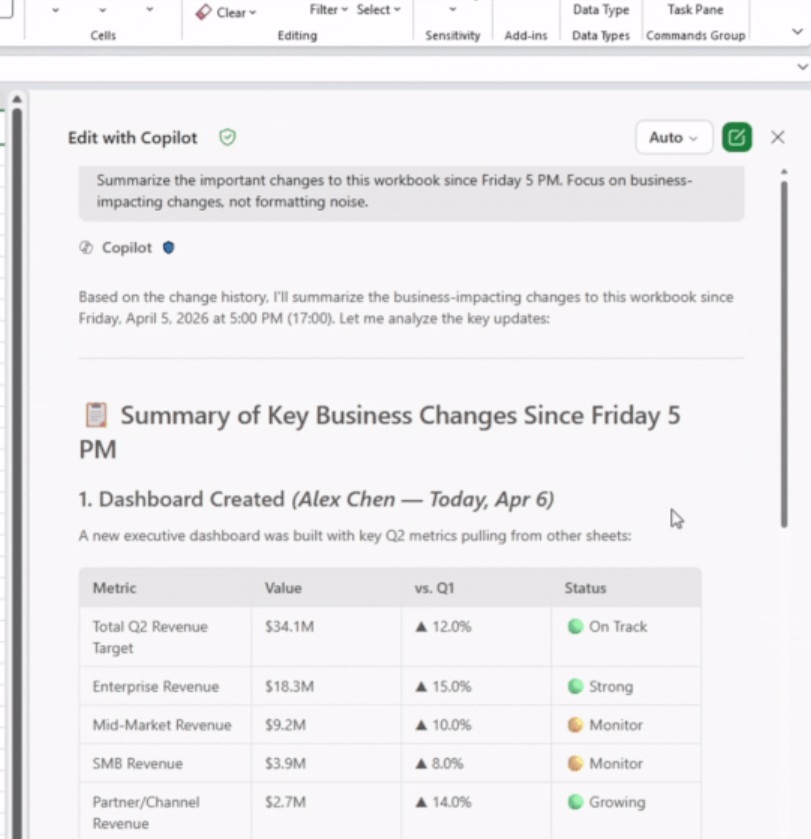 Copilot history in Excel