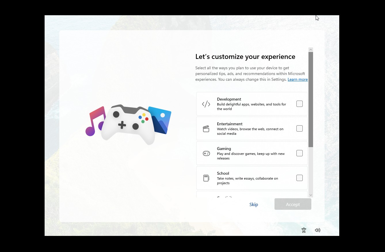 Customization options during Windows setup